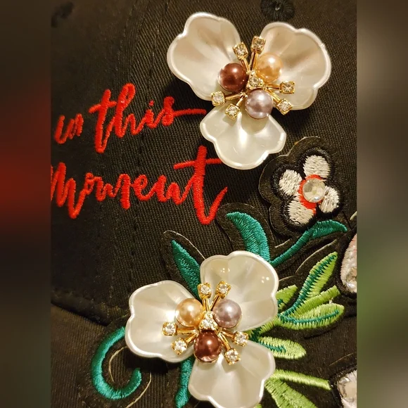 Floral Embroidered Black Cap "In This Moment" Upcycled Handmade Hat - Picture 2 of 7
